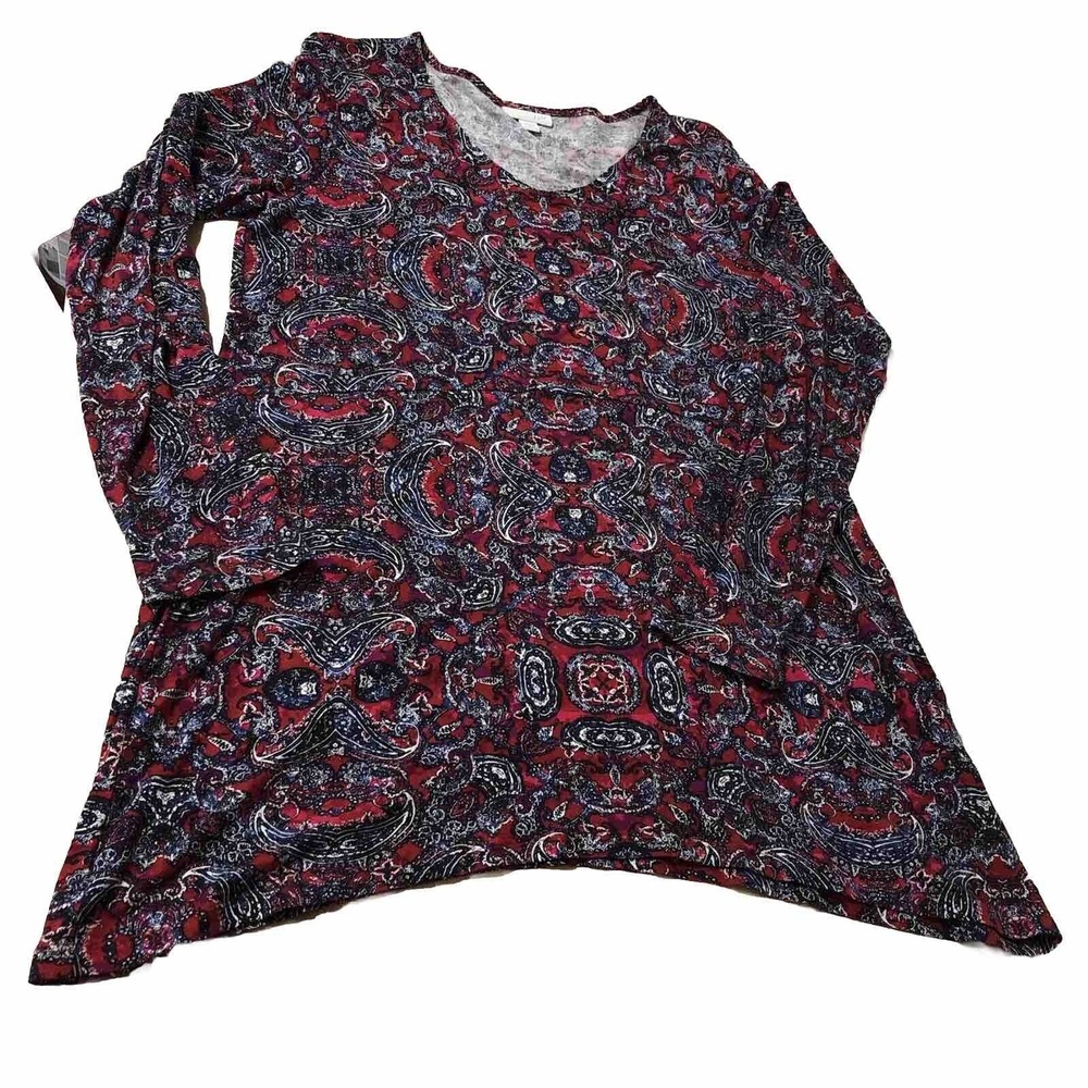 j jill SP Small Petite Tunic Top Shirt Stretch Geometric Casual Red Black Long